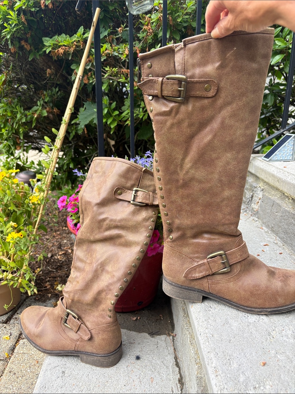 Cactus, Brown Over-the-Knee Buckle Boots, with red back stripe . Womens size 10